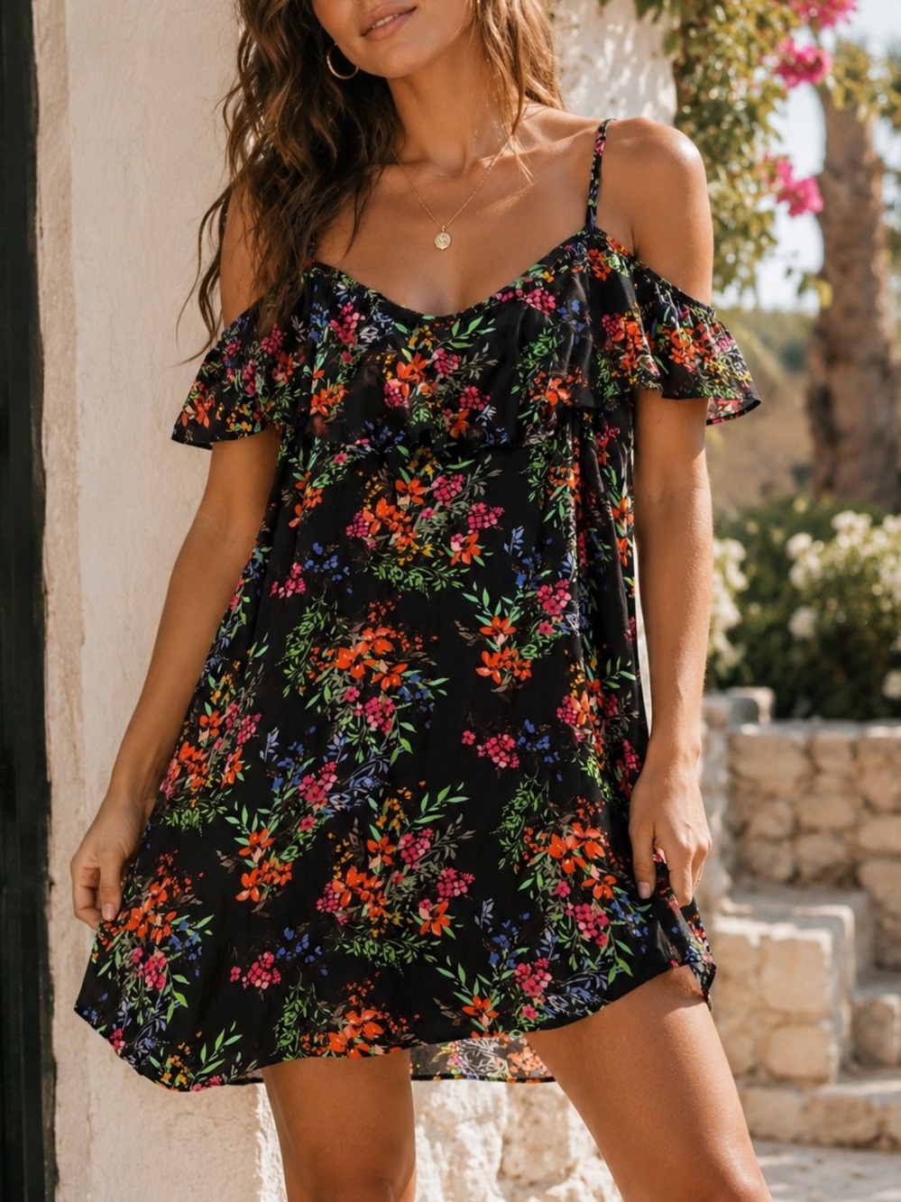 La Classe Couture Floral Cold Shoulder Mini Dress Size M Black Ruffle Summer